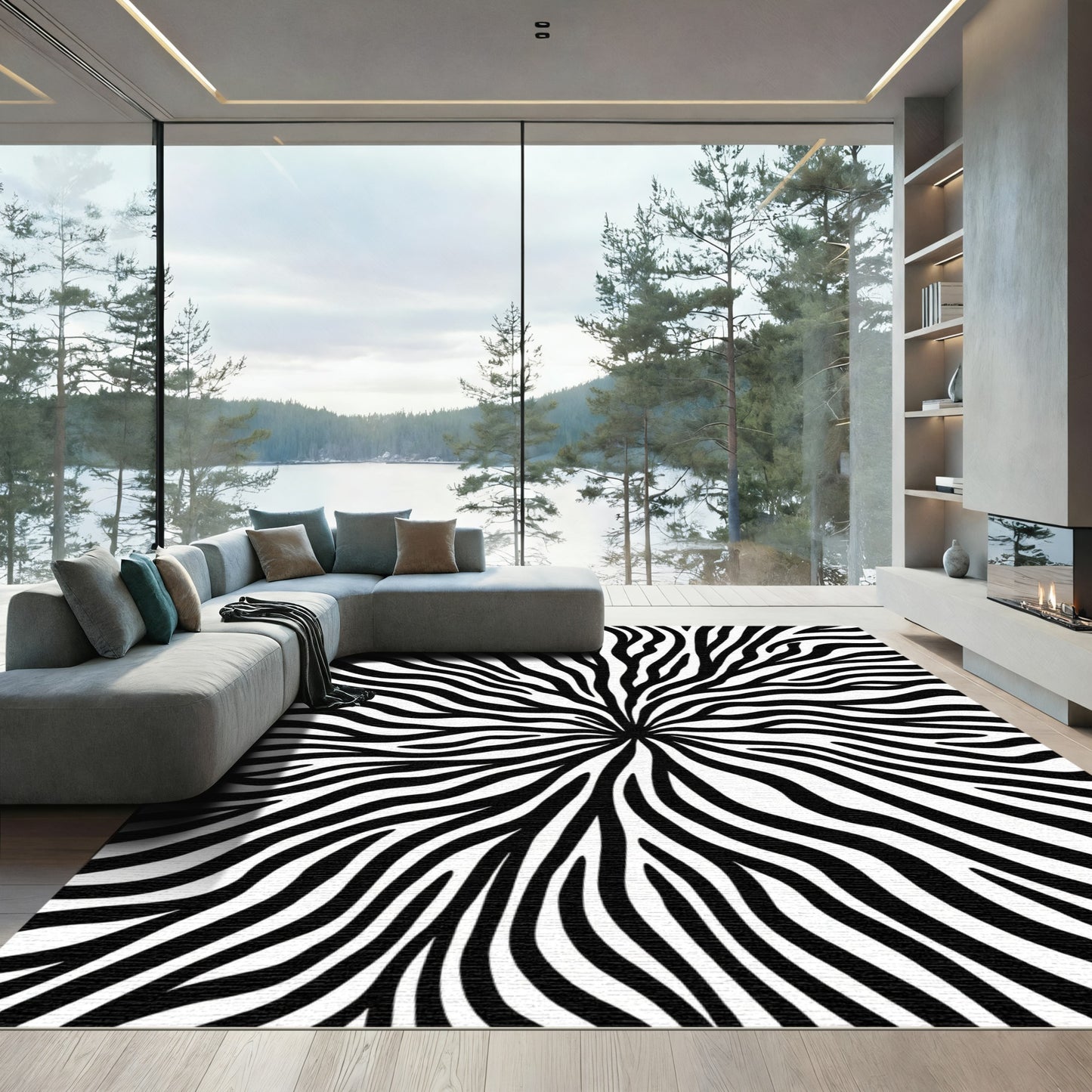 Bold Black White Radial Stripes Rug