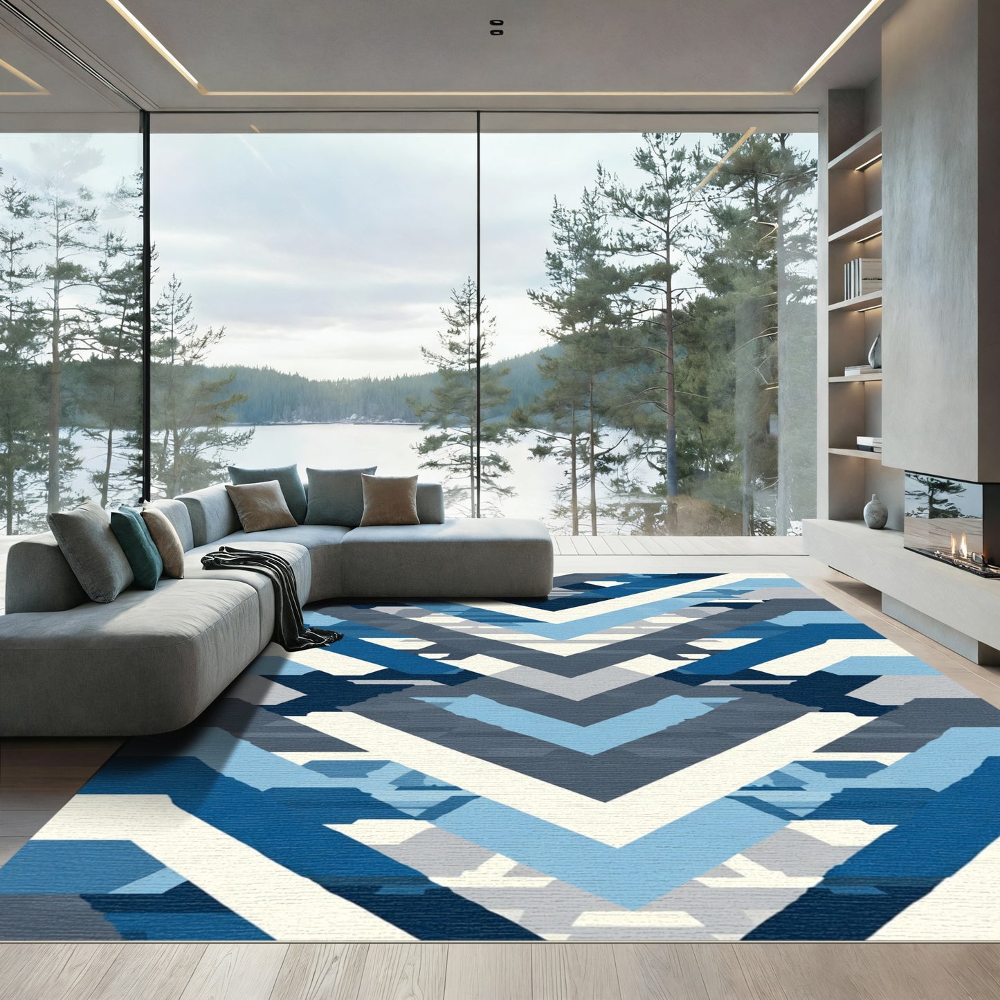 Modern Blue Geometric Chevron Rug