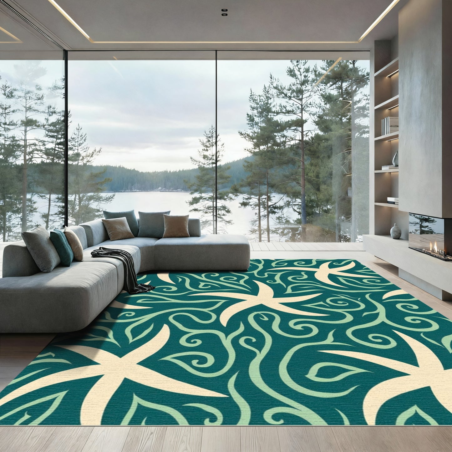 Cream Starfish Teal Swirls Rug