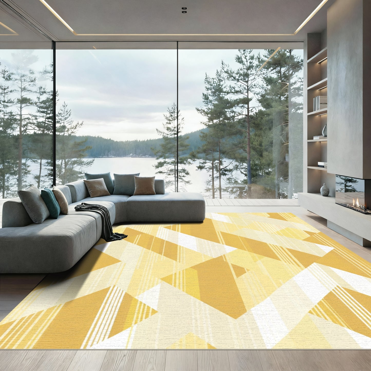 Golden Yellow Geometric Chevron Stripe Rug