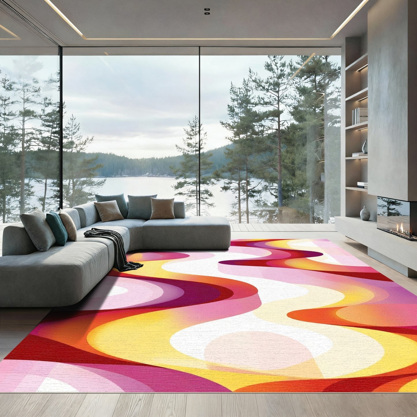 Vibrant Pink Yellow Swirl Flow Rug