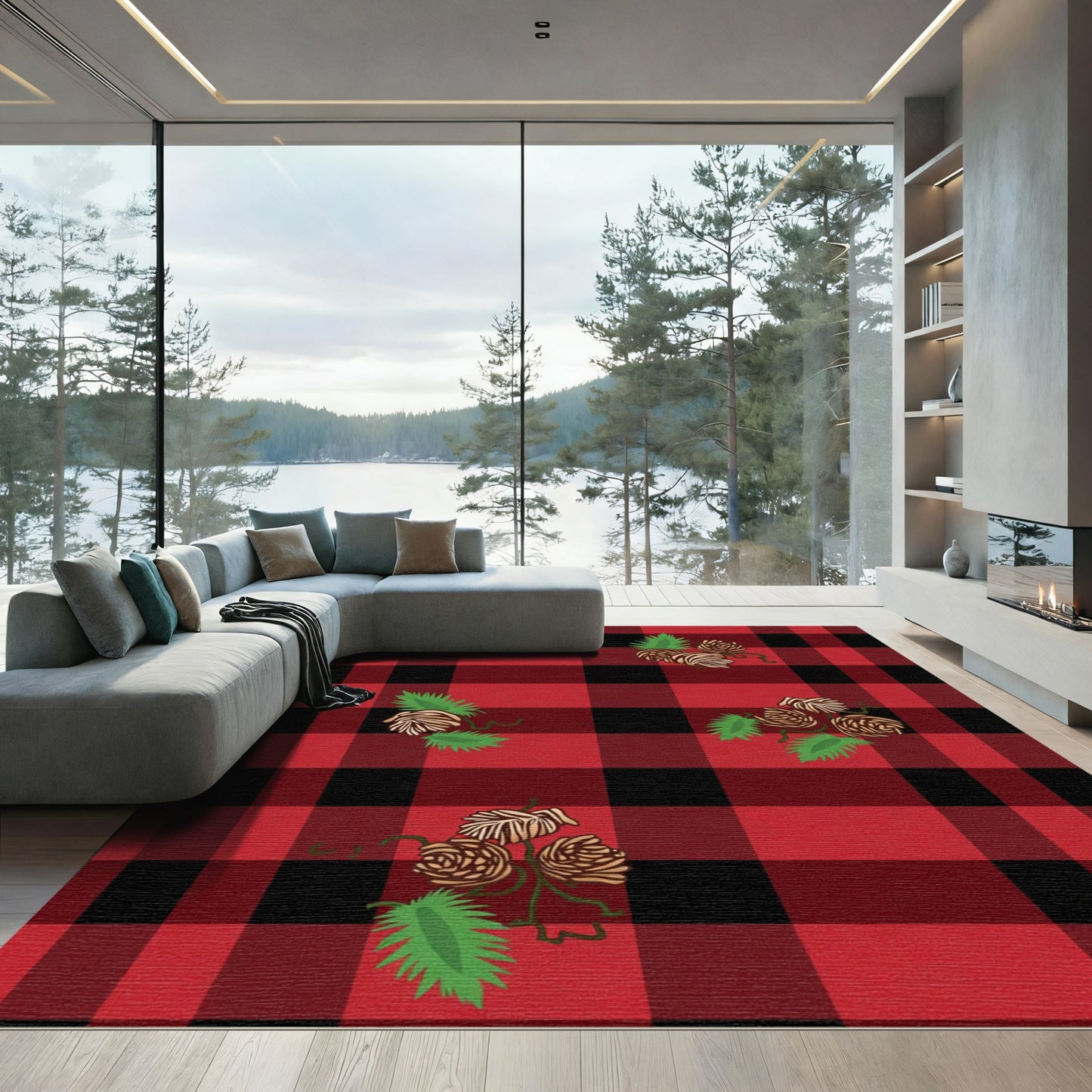 Red Black Buffalo Plaid Pinecone Accent Rug