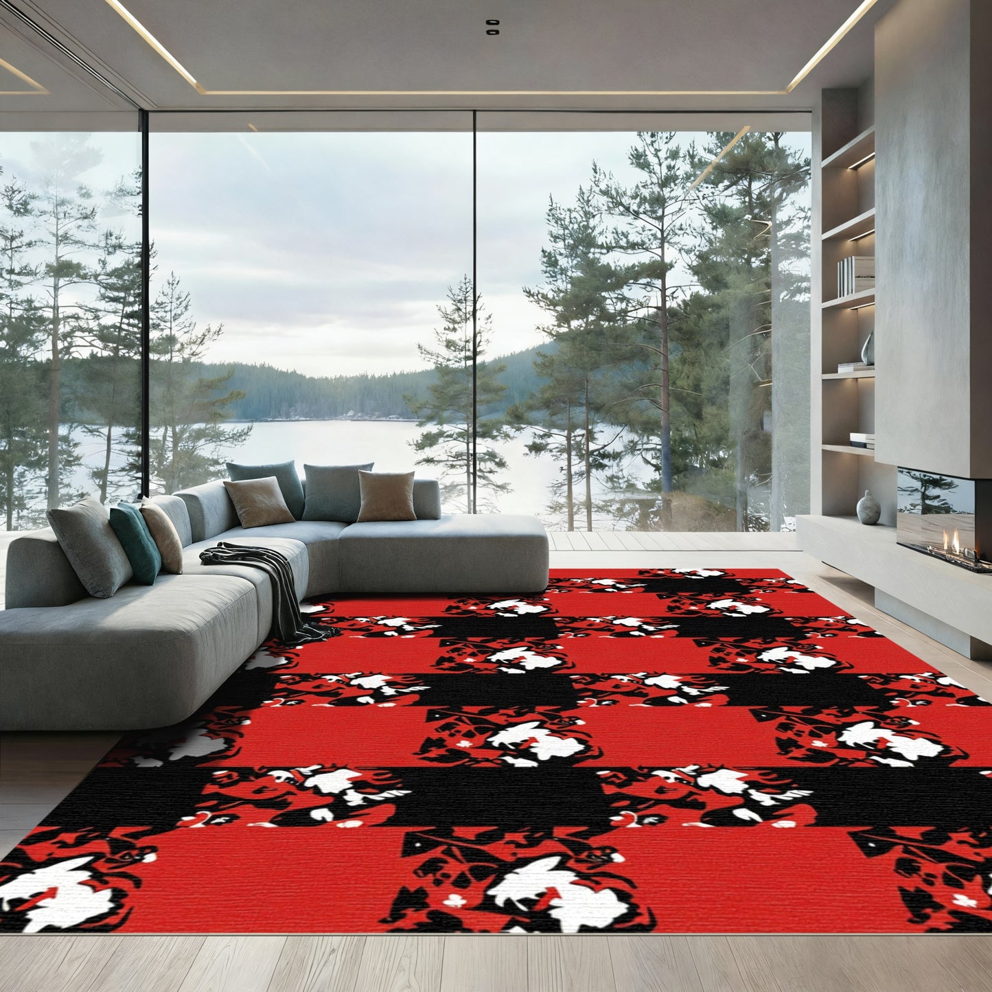 Bold Red Abstract Floral Check Rug