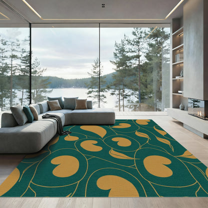 Teal Golden Leaf Swirl Abstract Rug