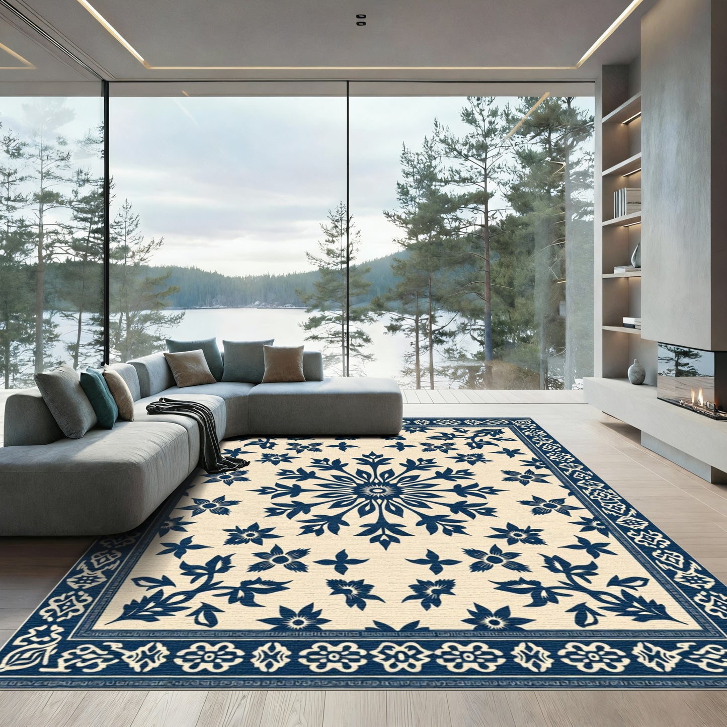 Navy Blue Floral Medallion Cream Rug