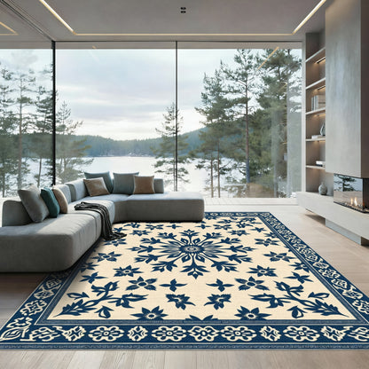 Navy Blue Floral Medallion Cream Rug