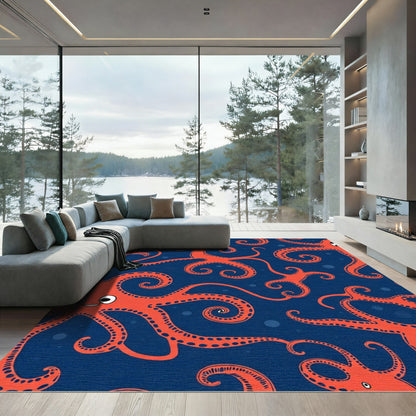 Whimsical Orange Octopus Navy Blue Rug