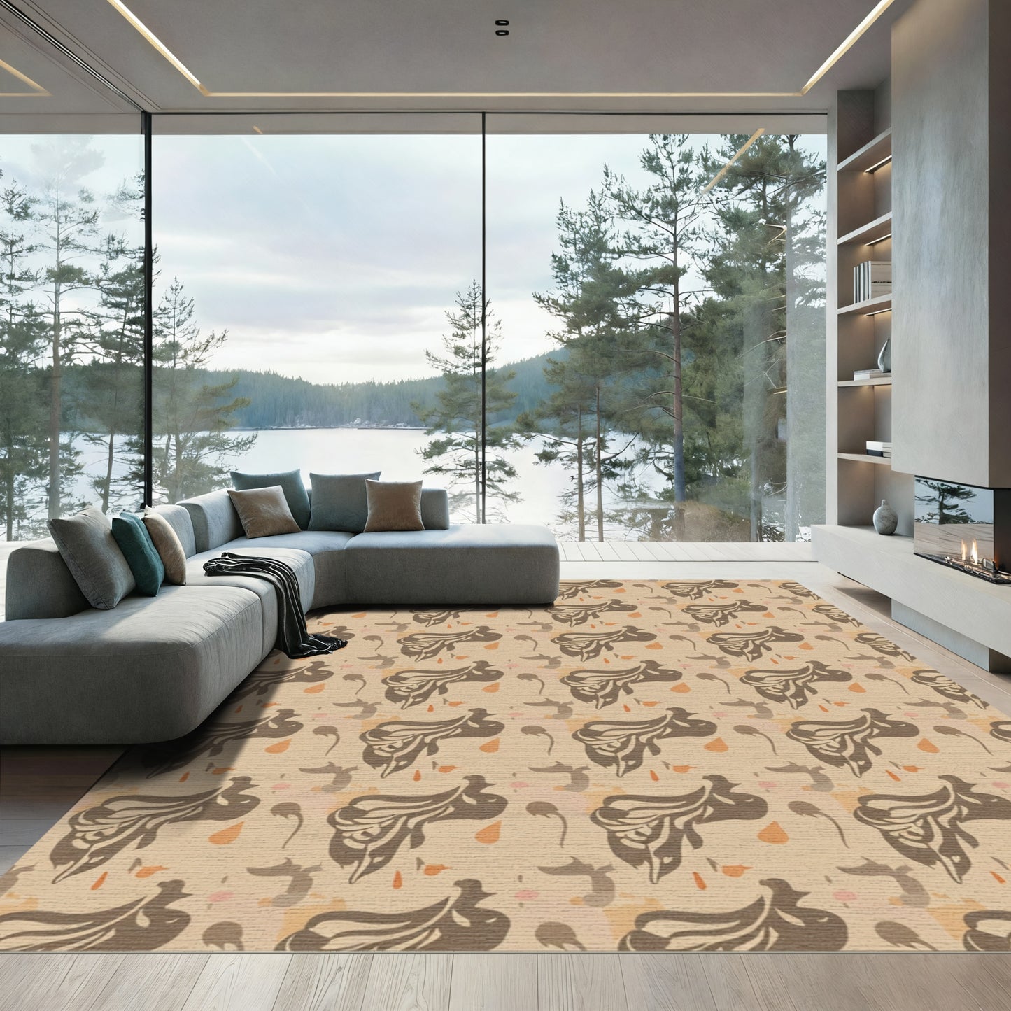 Earthy Ochre Abstract Bird Shapes Rug