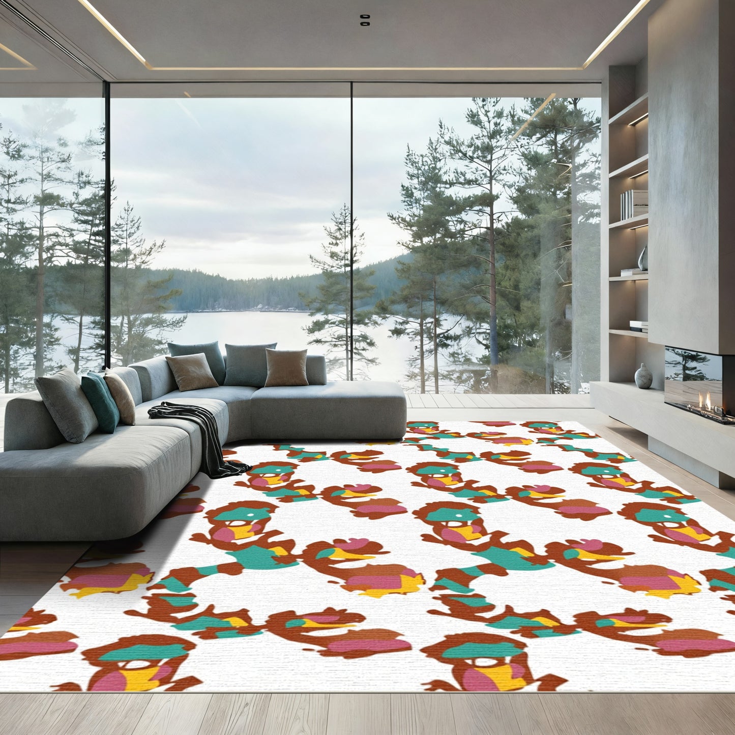 Teal Brown Yellow Pink Creature Pattern Rug