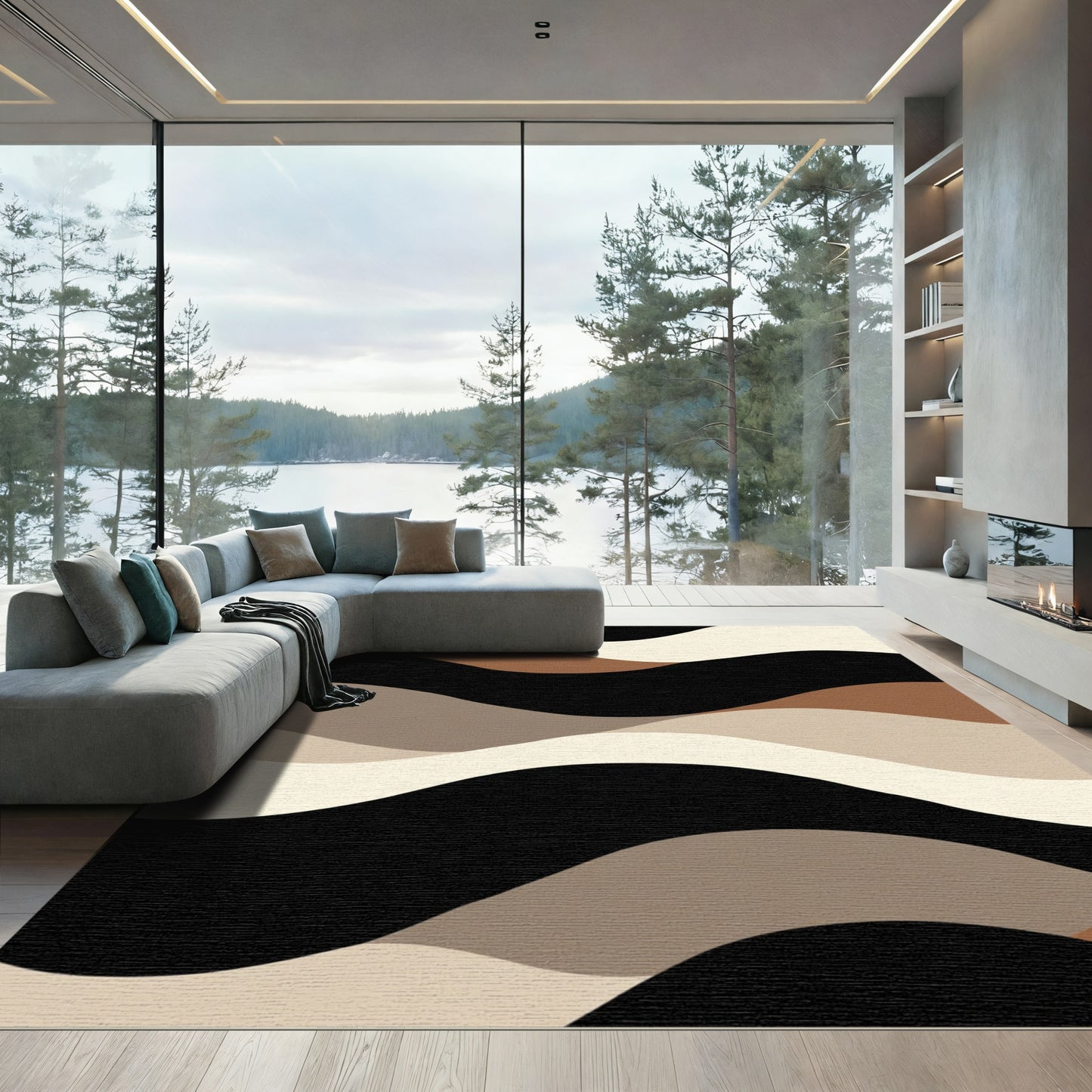 Earthy Terracotta Black Wavy Stripes Rug