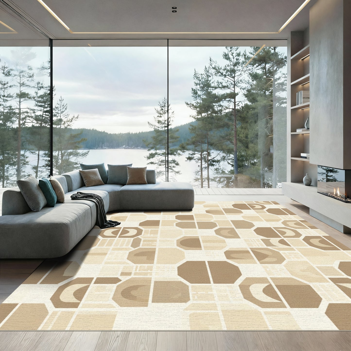 Neutral Geometric Octagon Grid Rug