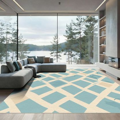 Cream Blue Irregular Diamond Grid Rug