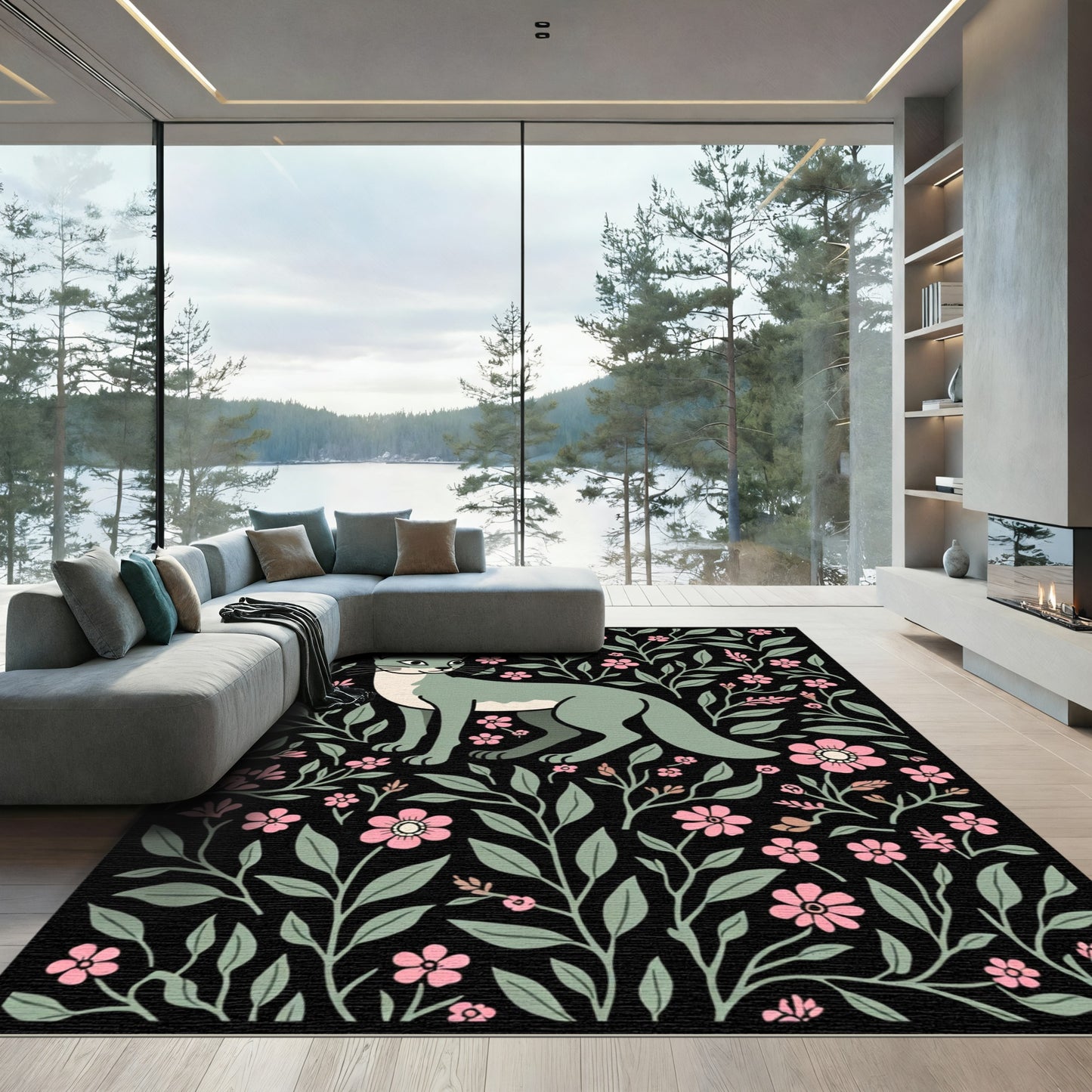 Sage Cat Pink Floral Garden Rug