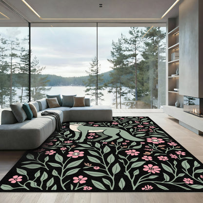 Sage Cat Pink Floral Garden Rug