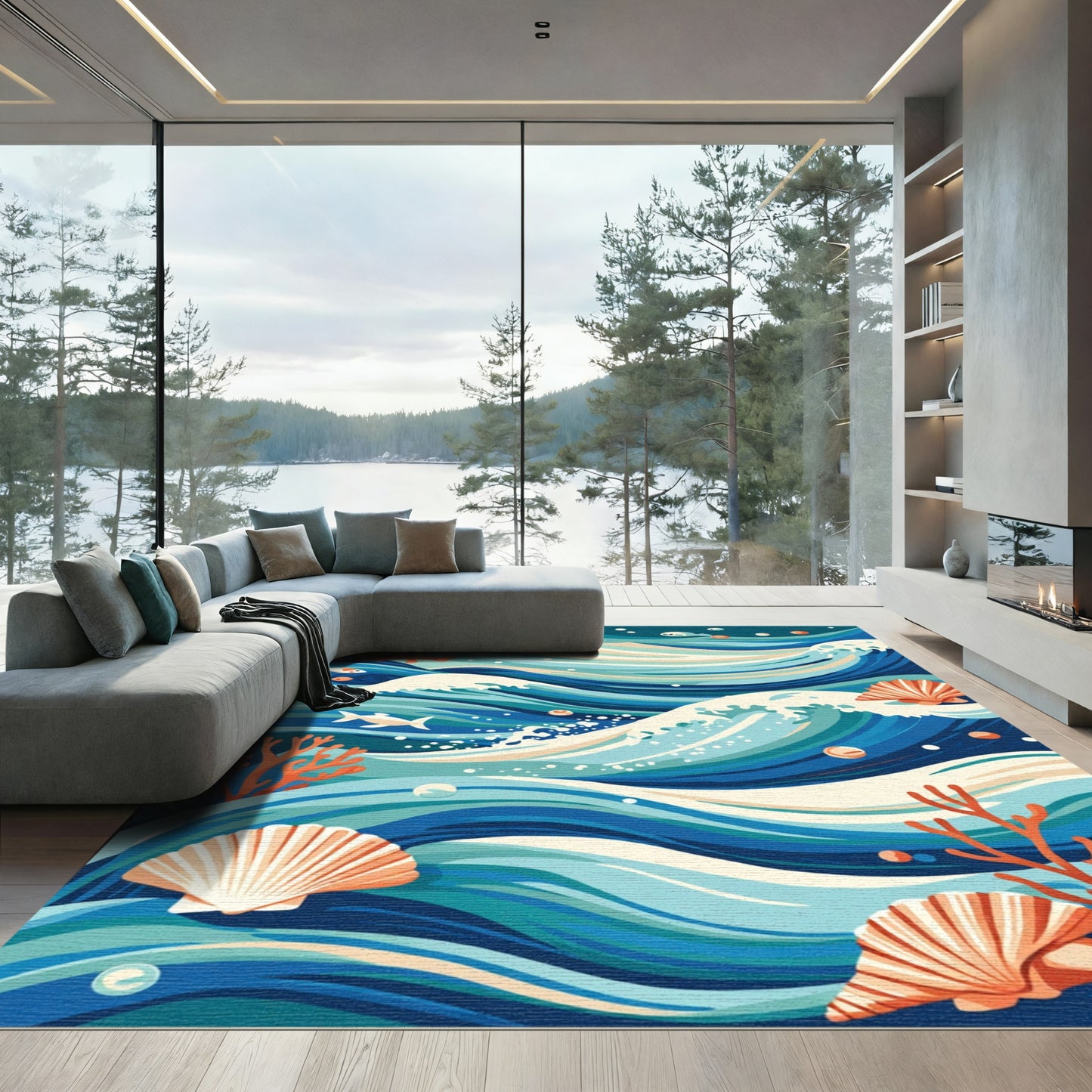 Oceanic Blue Wave Coral Seashell Scene Rug