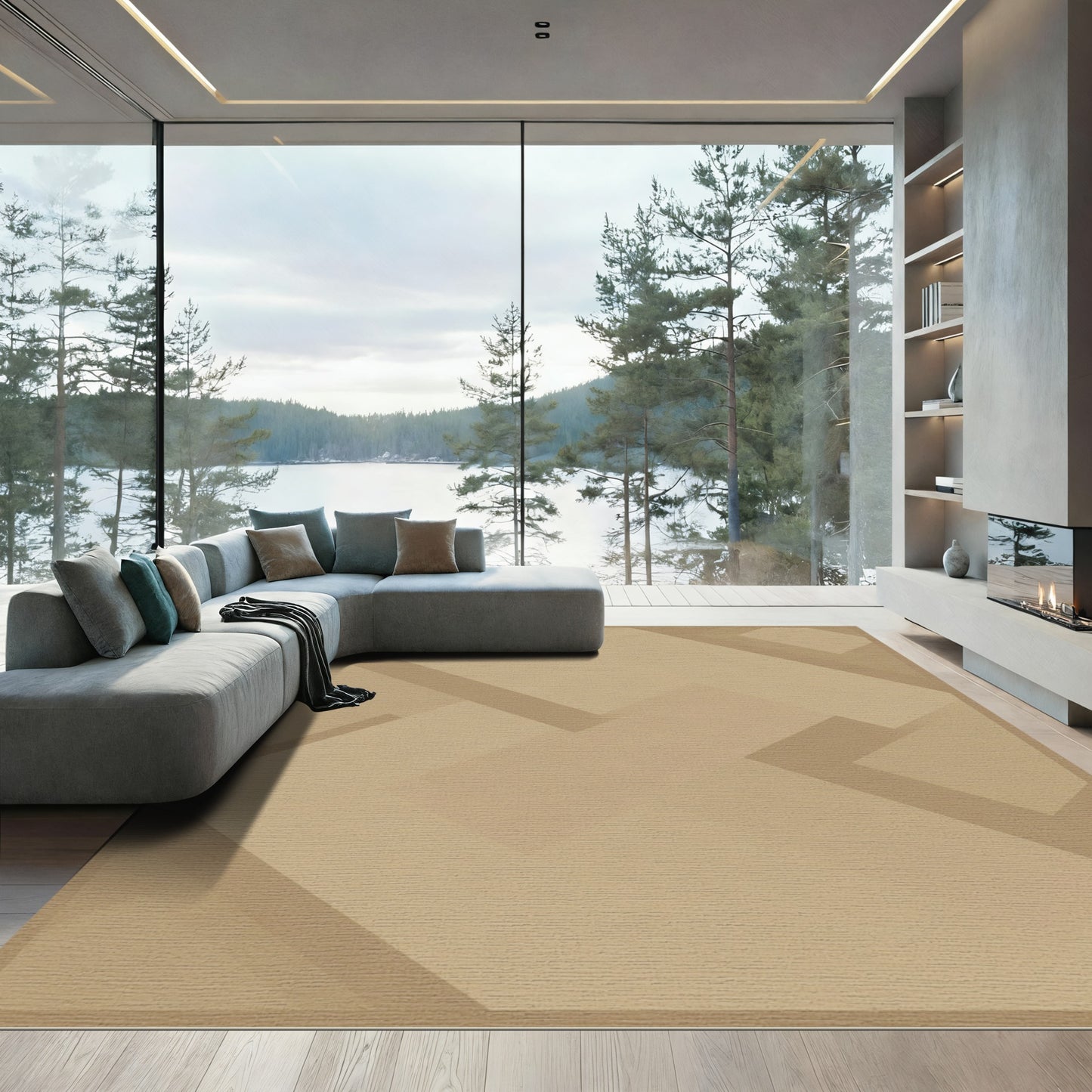 Modern Tan Geometric Overlay Rug