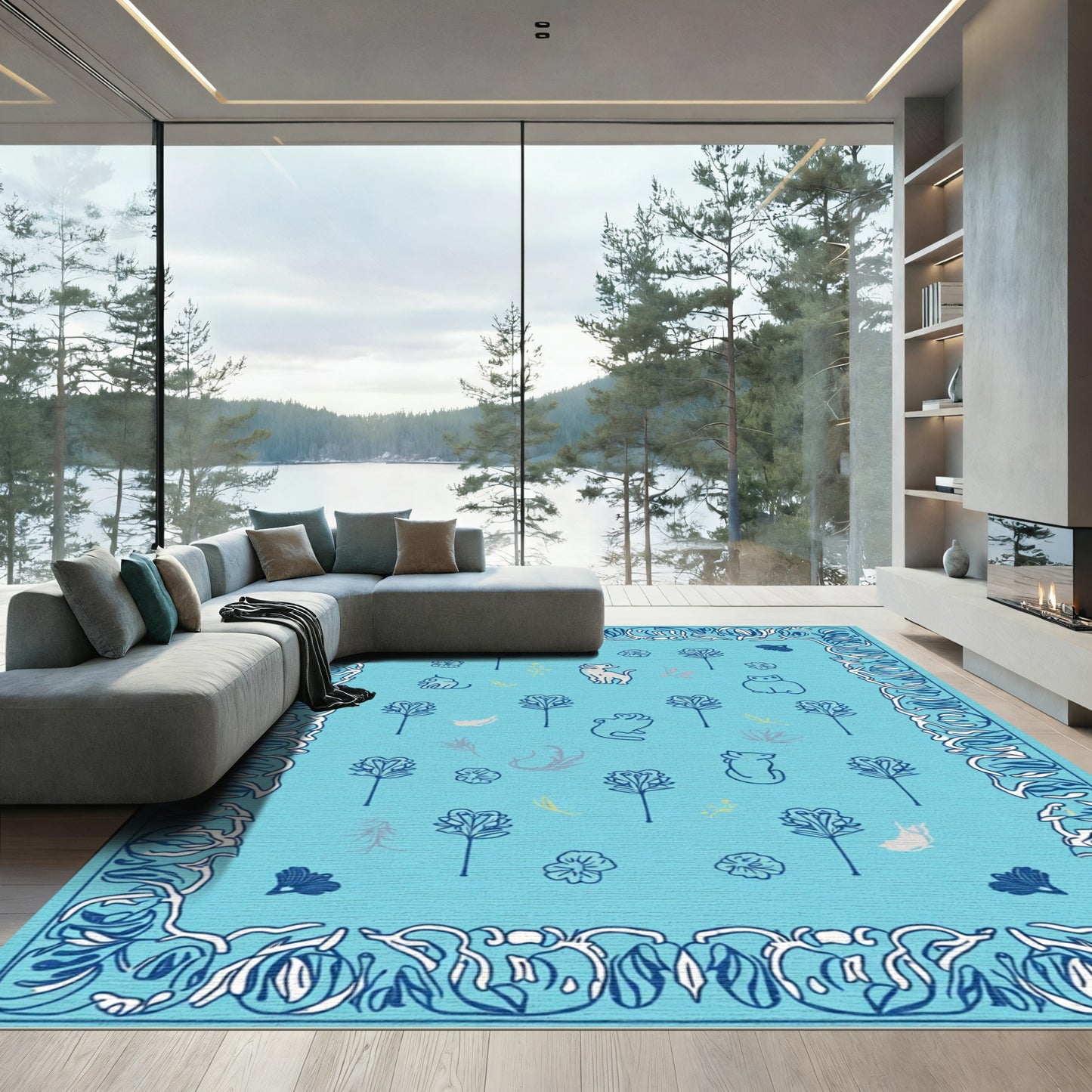 Light Blue Whimsical Animal Garden Rug