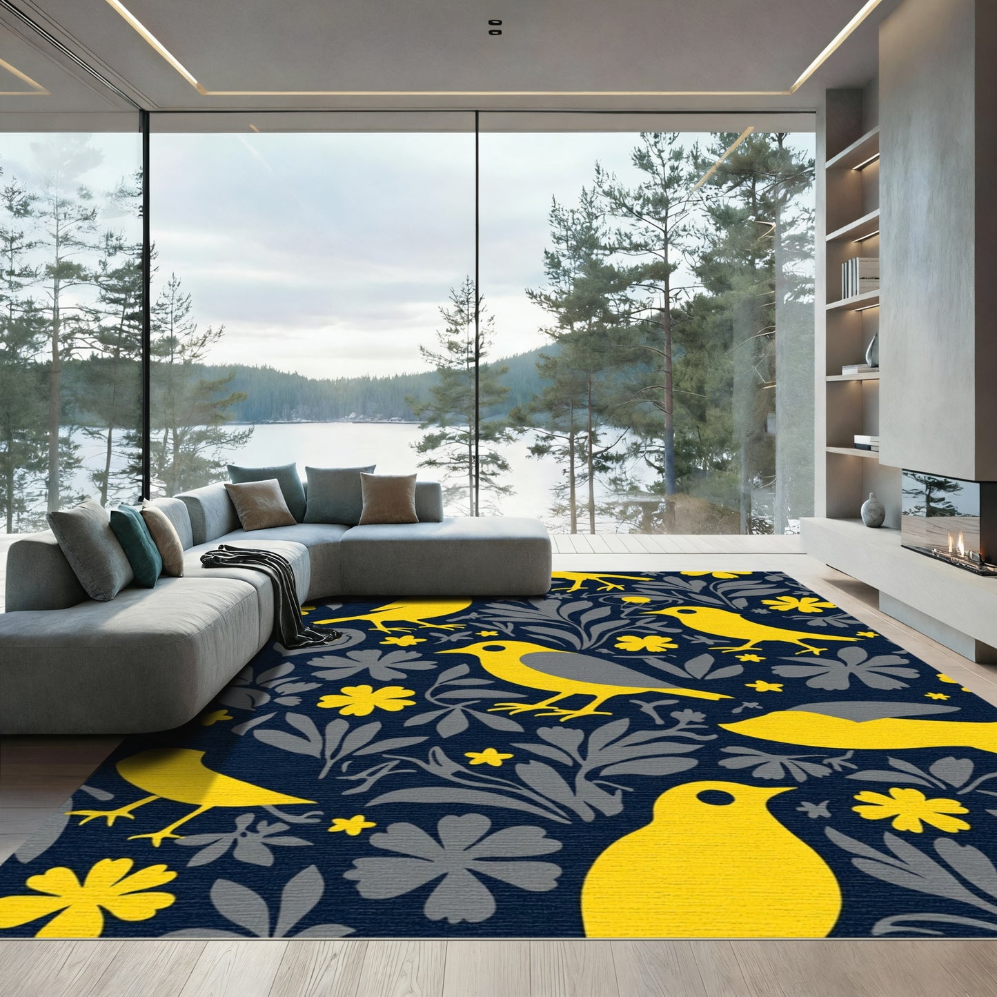 Yellow Birds And Floral Foliage Rug