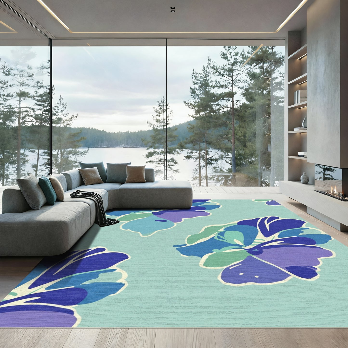 Bold Blue Purple Abstract Floral Rug