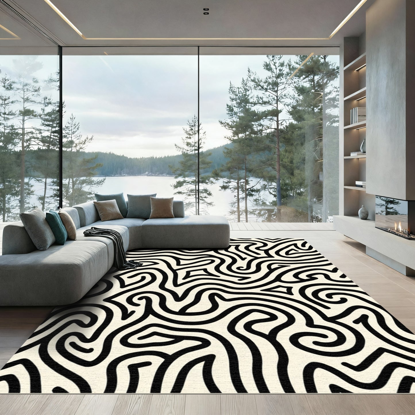 Black Cream Abstract Maze Rug
