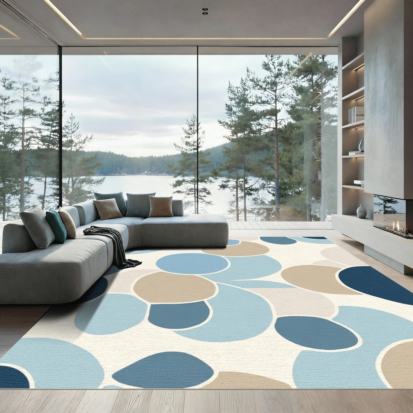 Abstract Rounded Shapes Blue Beige Rug