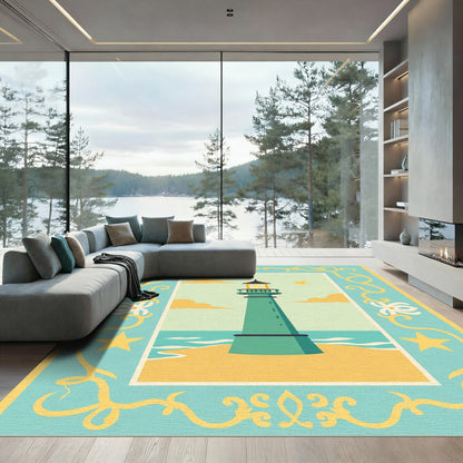 Coastal Lighthouse Beach Yellow Border Rug