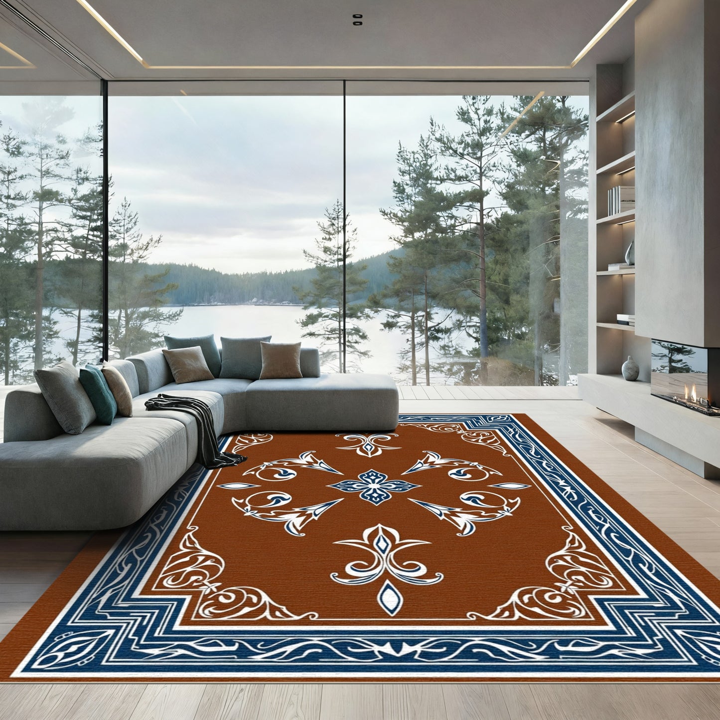 Ornate Brown Blue White Floral Medallion Rug