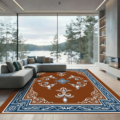 Ornate Brown Blue White Floral Medallion Rug