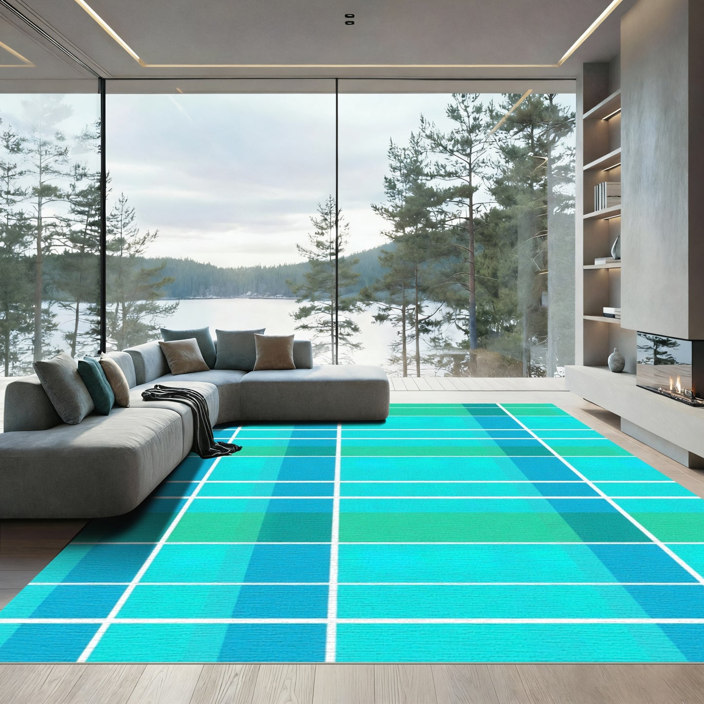 Aqua Teal Plaid Grid Rug