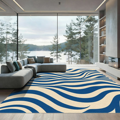 Deep Blue Ivory Wavy Stripes Rug