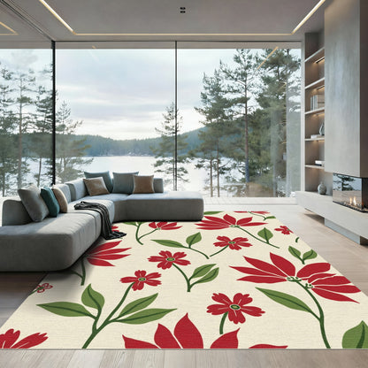 Crimson Blossoms Green Leaf Botanical Rug