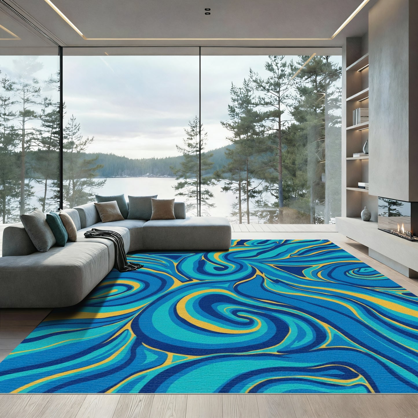 Royal Blue Gold Swirl Fluid Rug