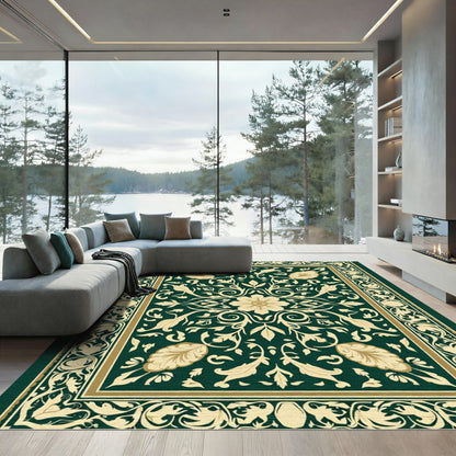 Dark Green Cream Floral Acanthus Border Rug