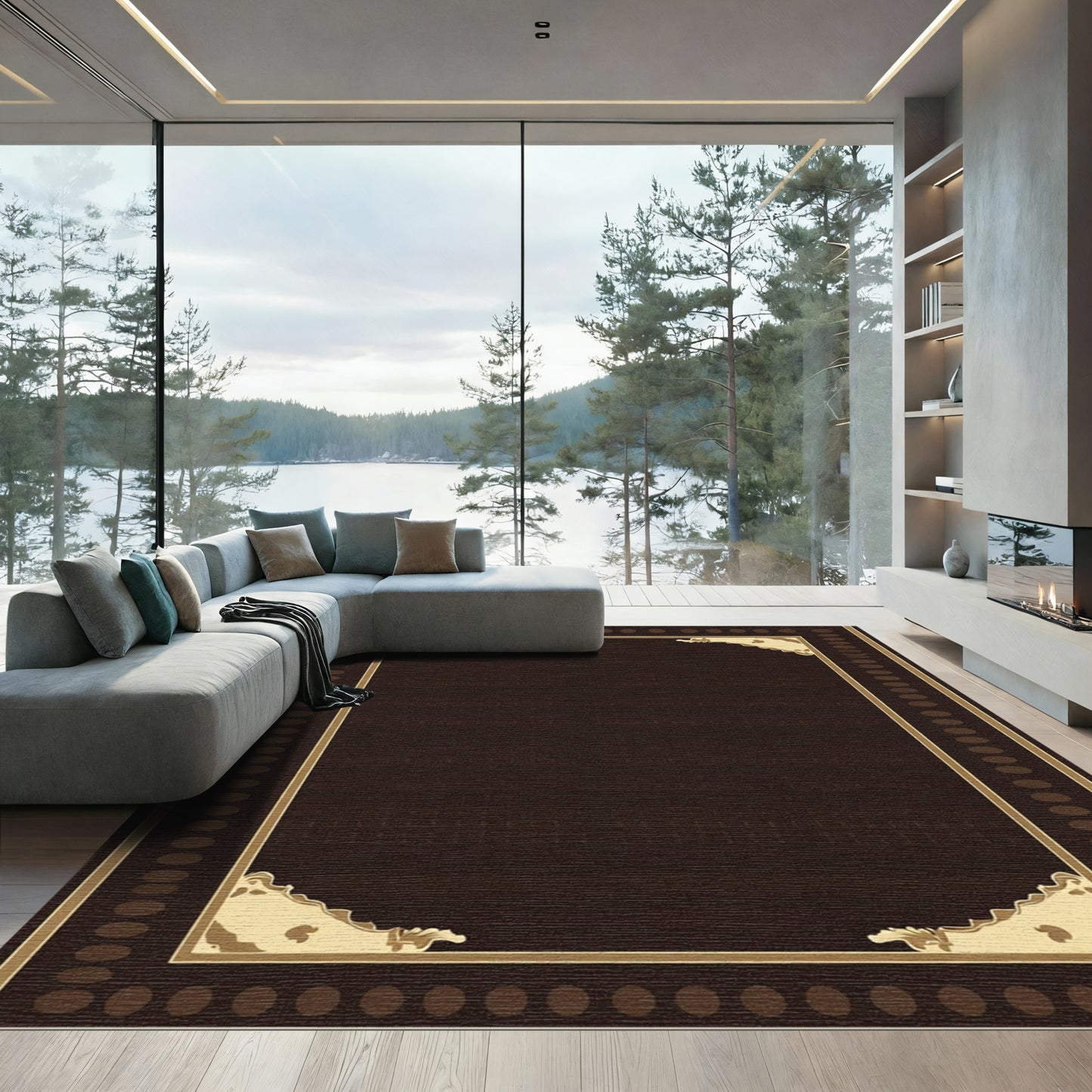 Dark Brown Golden Corner Frame Rug