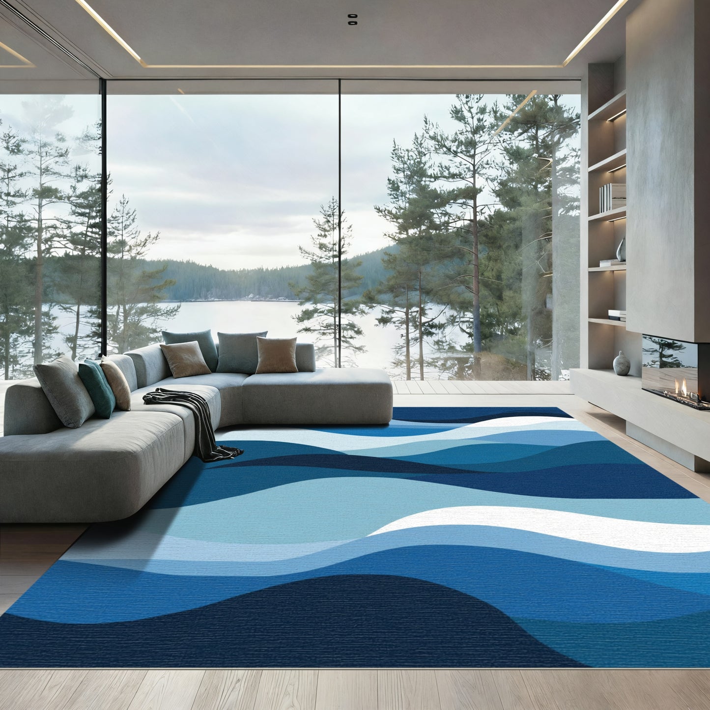 Abstract Deep Blue Wavy Layers Rug