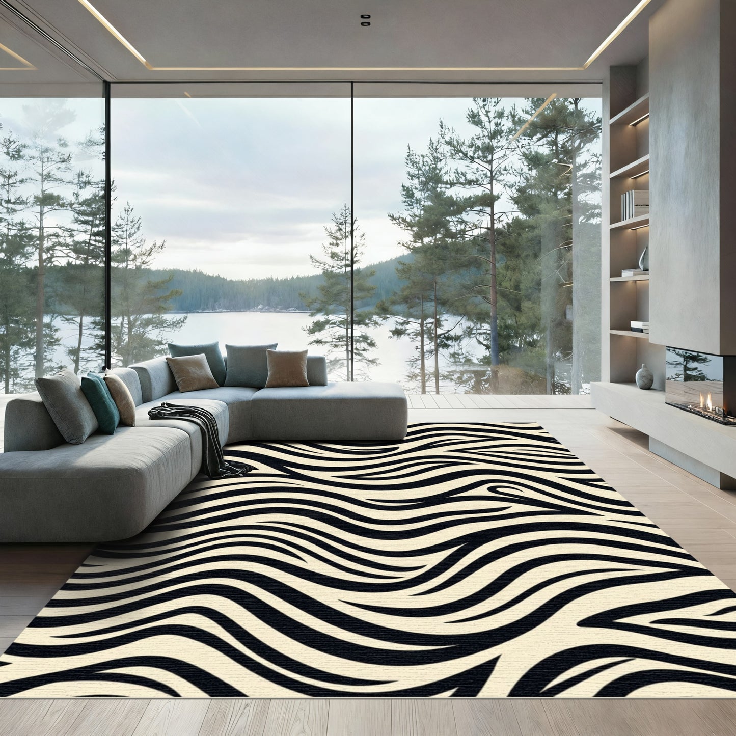 Cream Black Wavy Stripes Rug