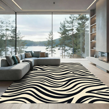 Cream Black Wavy Stripes Rug