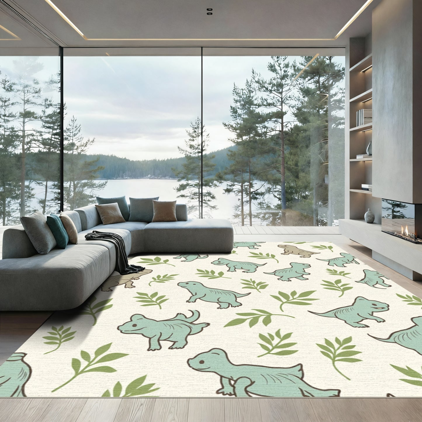 Pale Green Dinosaur Leaves Repeat Rug