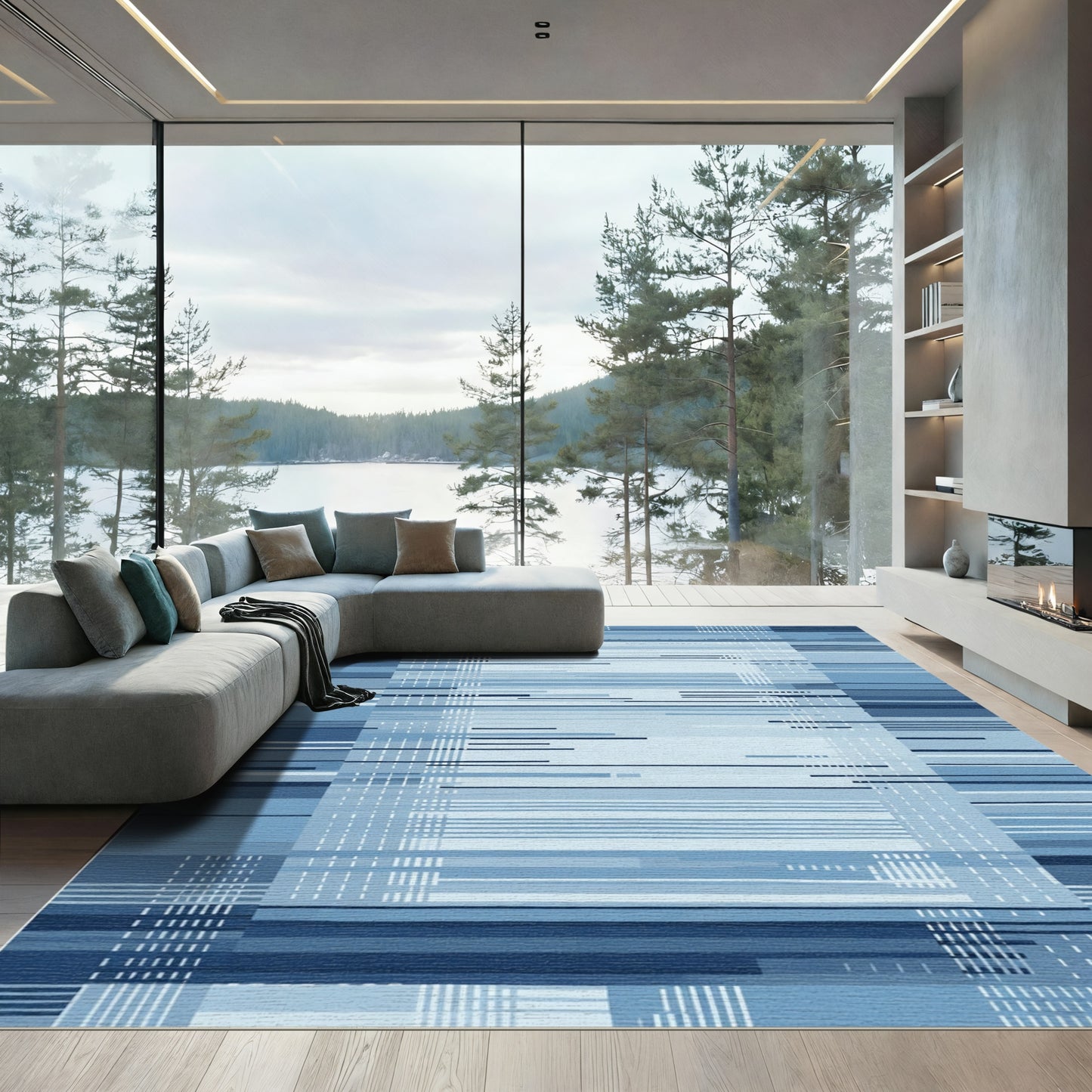 Modern Blue Striped Abstract Composition Rug