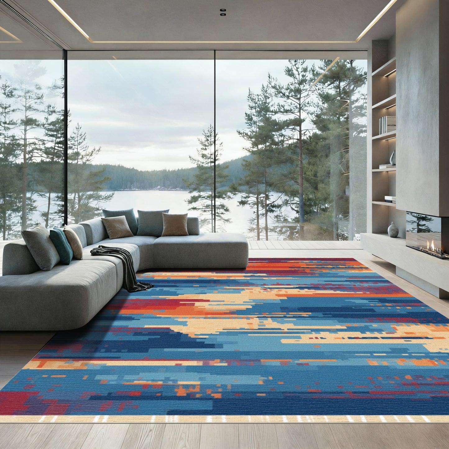 Abstract Glitch Blue Orange Red Strands Rug