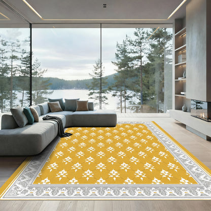 Golden White Geometric Floral Border Rug