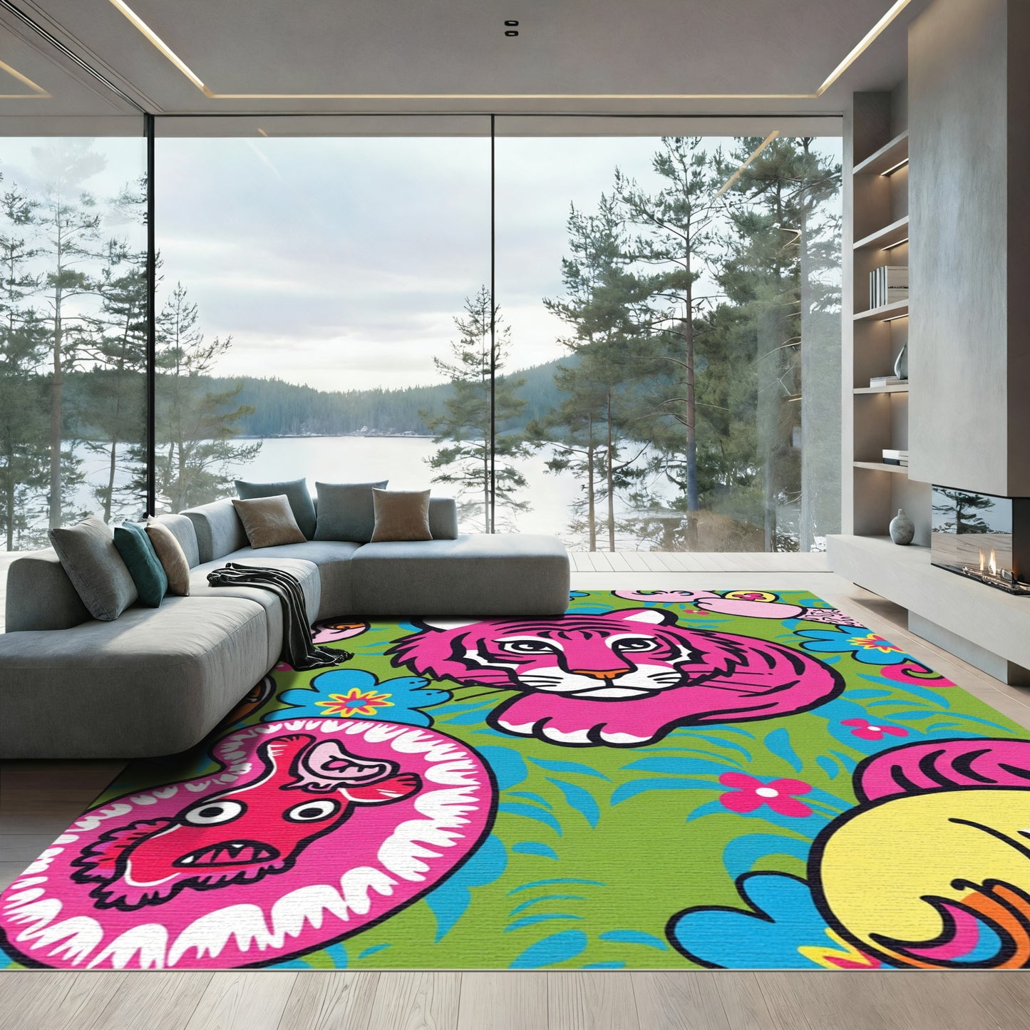 Vibrant Pink Tiger Floral Jungle Rug