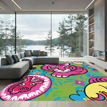 Vibrant Pink Tiger Floral Jungle Rug