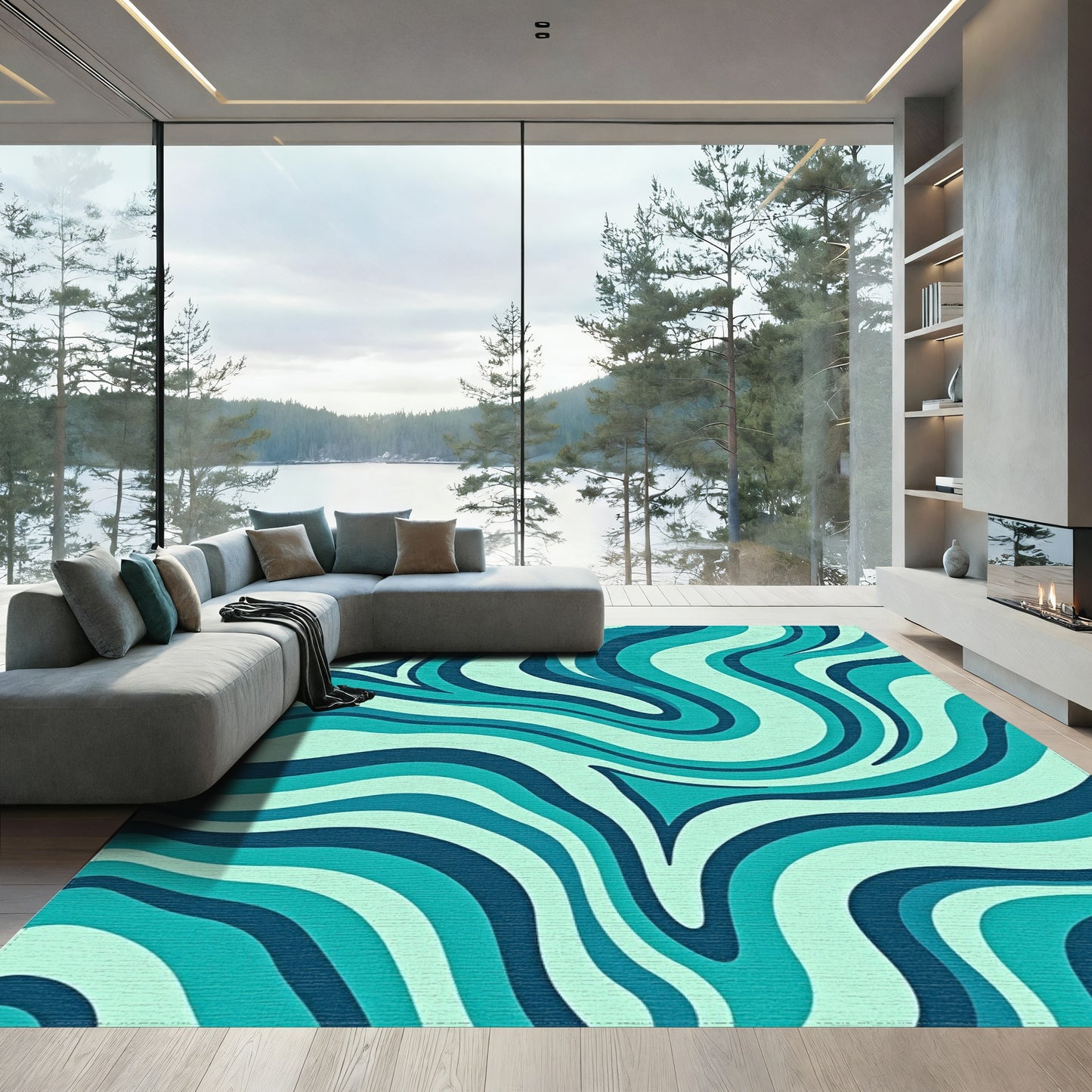 Teal Fluid Wave Abstract Rug