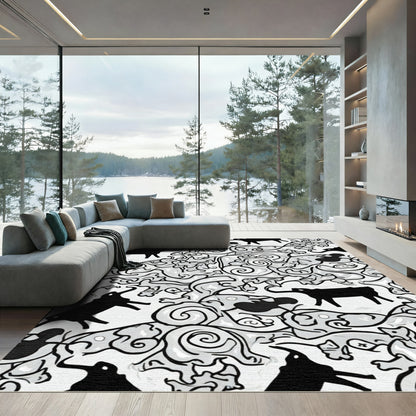 Black White Abstract Elephant Swirl Rug