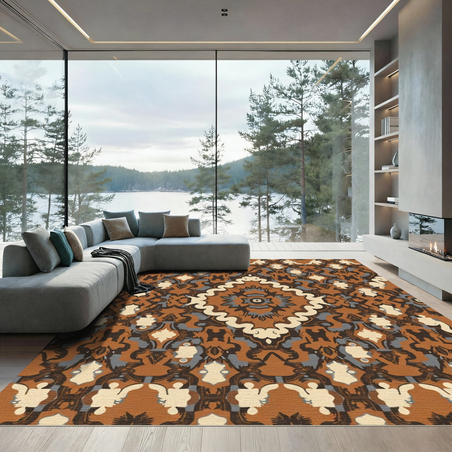 Earthy Brown Floral Medallion Artwork Rug