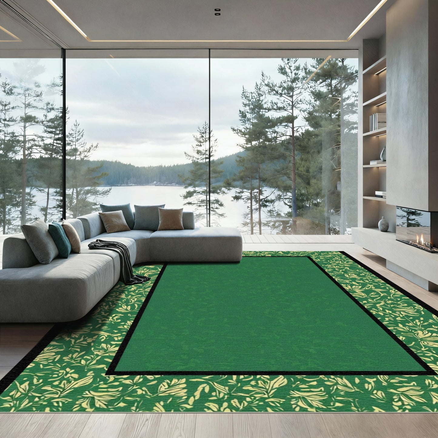 Emerald Green Botanical Border Rug