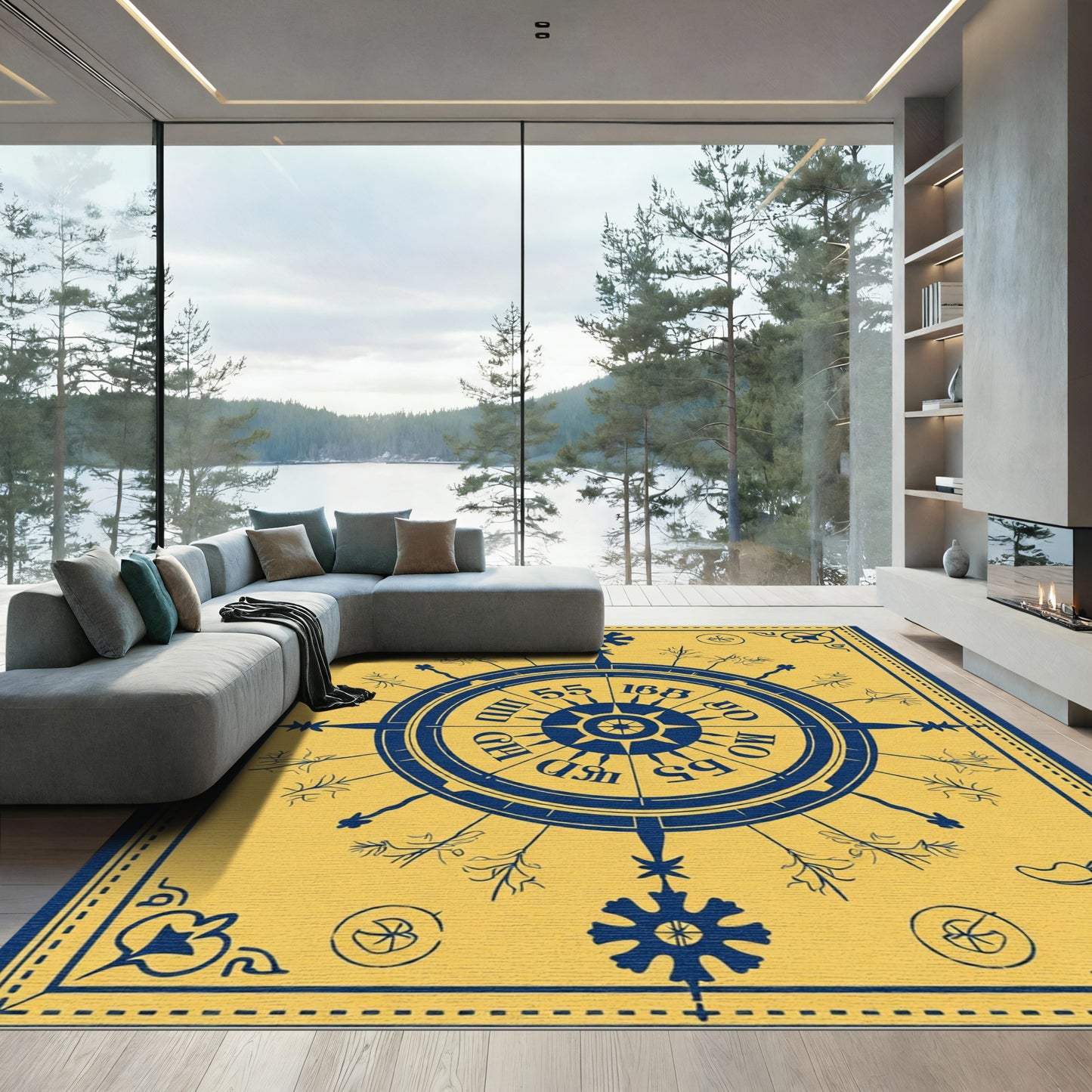 Navy Blue Yellow Compass Motif Rug