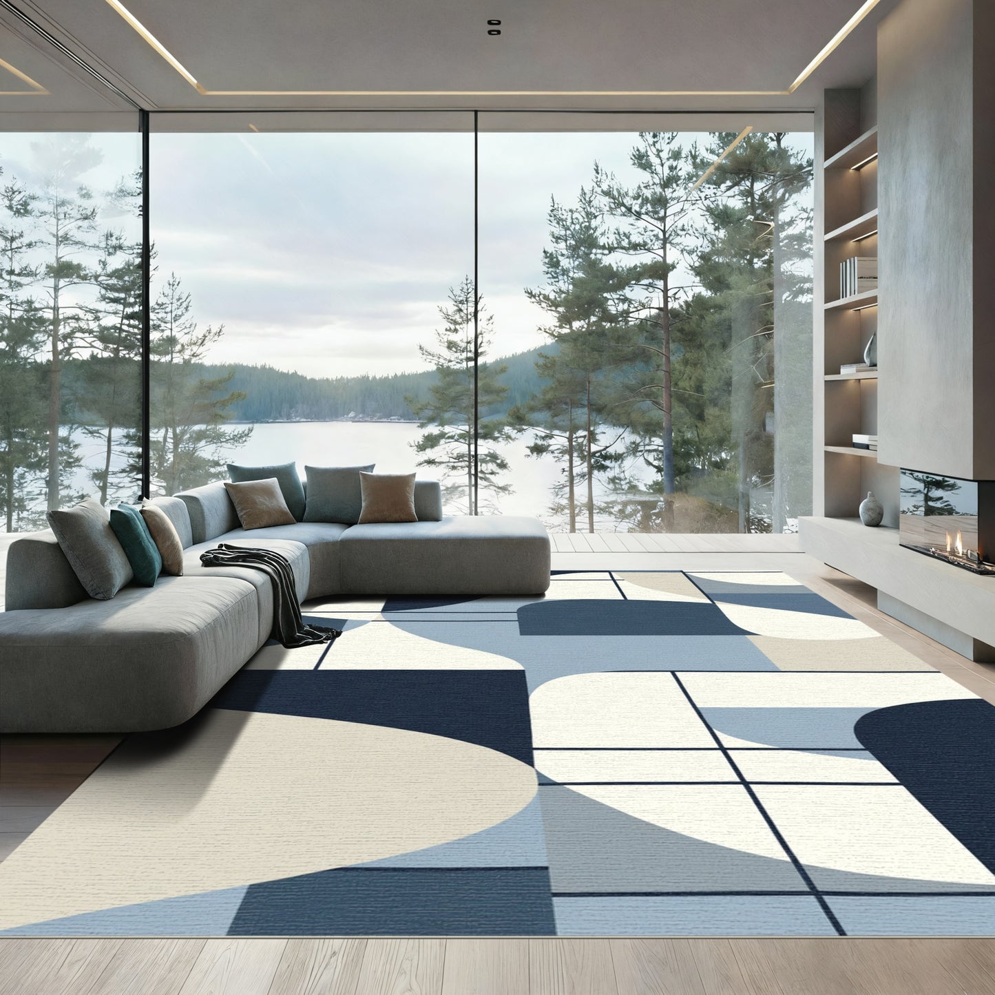 Modern Blue Cream Geometric Organic Rug