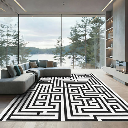 Black White Abstract Maze Lines Rug